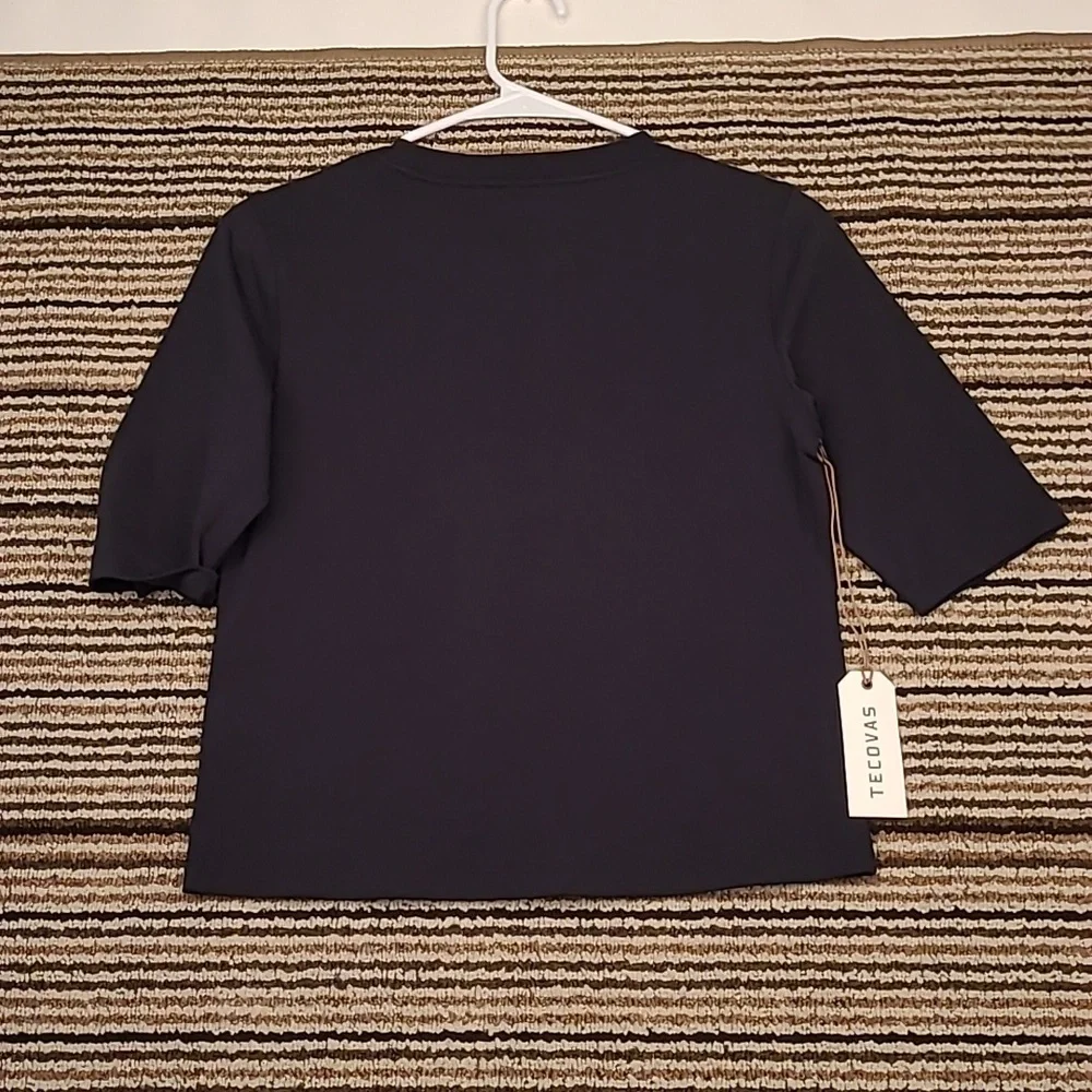 TECOVAS Black Cotton Embroidered Recent Womens‎ XS Elbow Sleeve T Shirt Top NEW - Picture 9 of 10